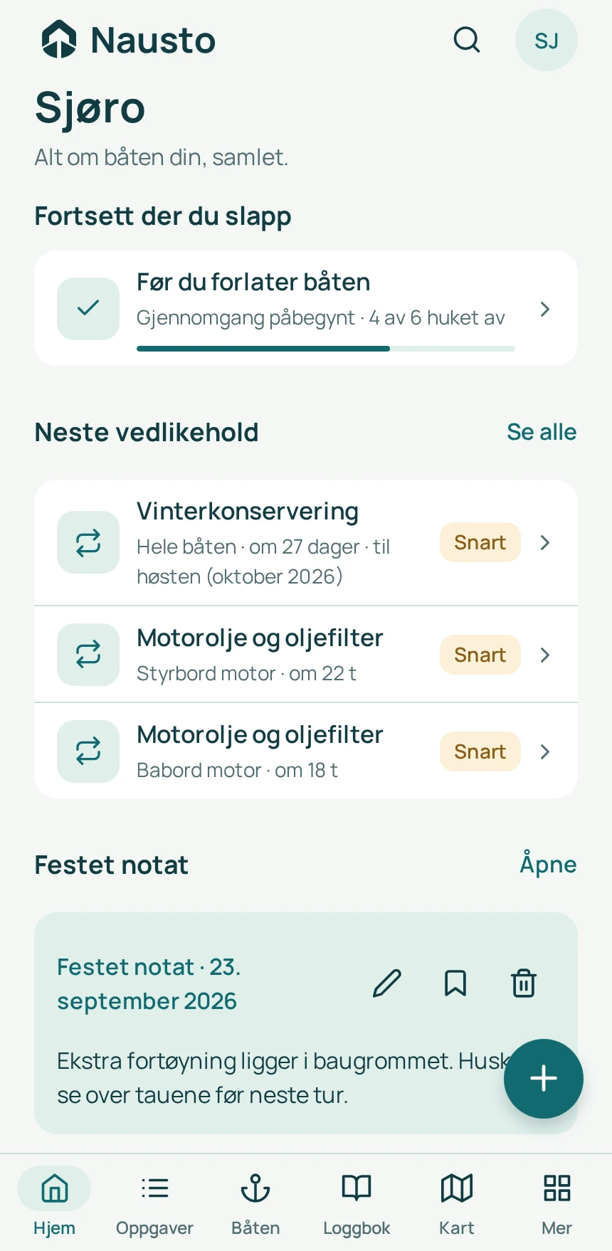 Hjem i Nausto på iPhone: sjekklisten som pågår, neste vedlikehold og et festet notat