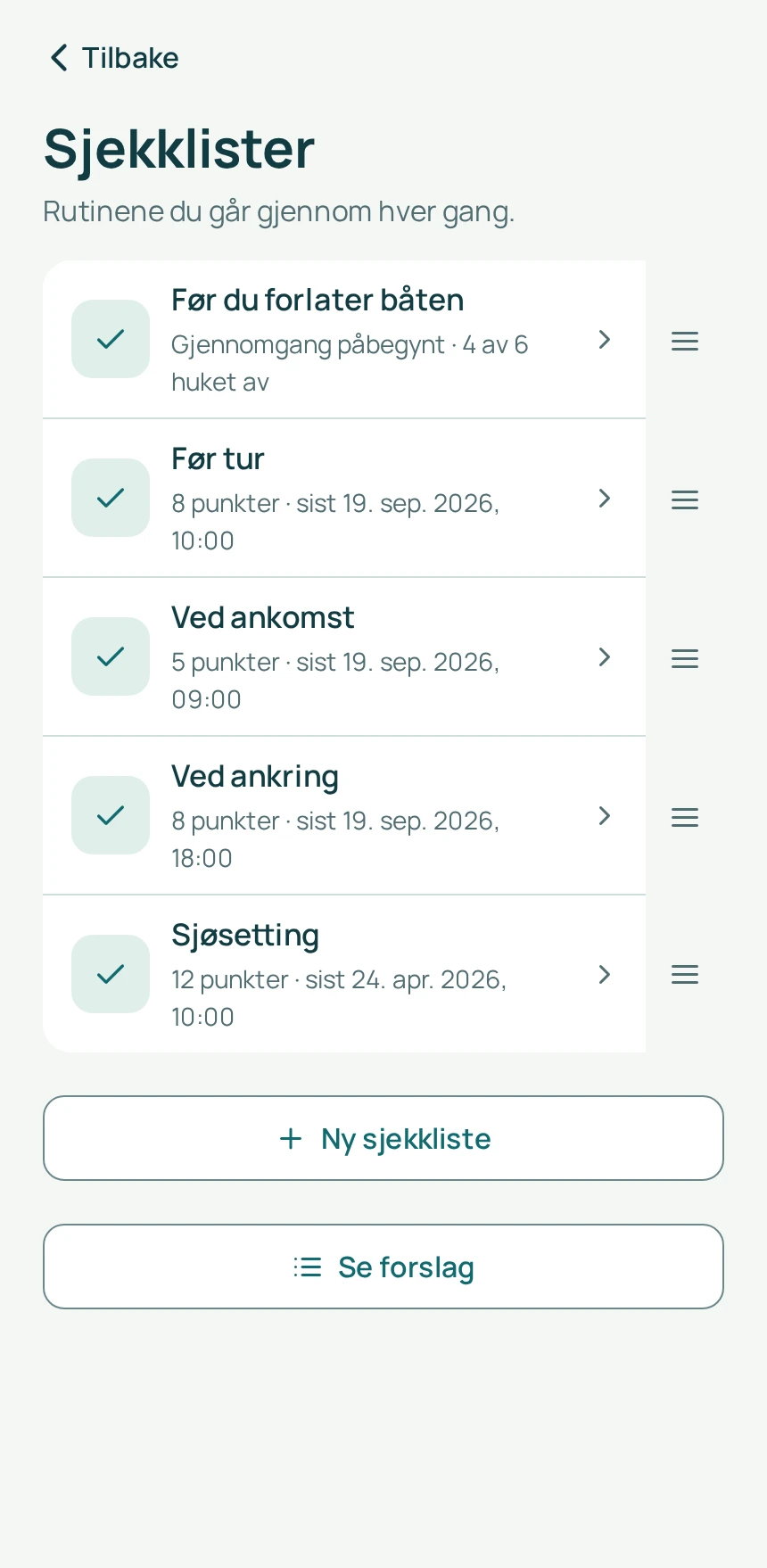 Sjekklistene i Nausto, med «Før du forlater båten» påbegynt